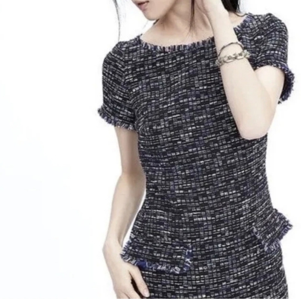 Banana Republic Tweed Mini Shift Dress Blue Multi Pockets Frayed